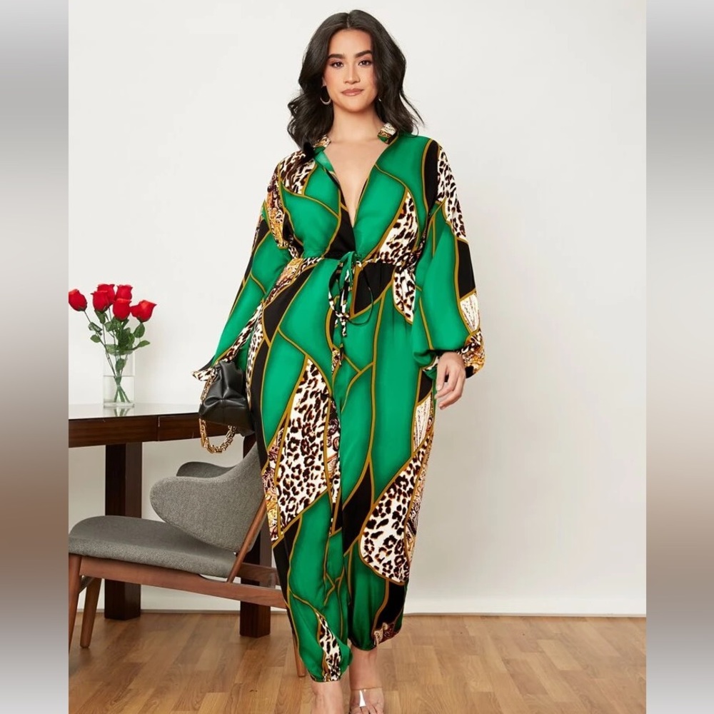 EMERY ROSE Plus Leopard Color Block Lantern Sleeve Drawstring Waist Jumpsuit